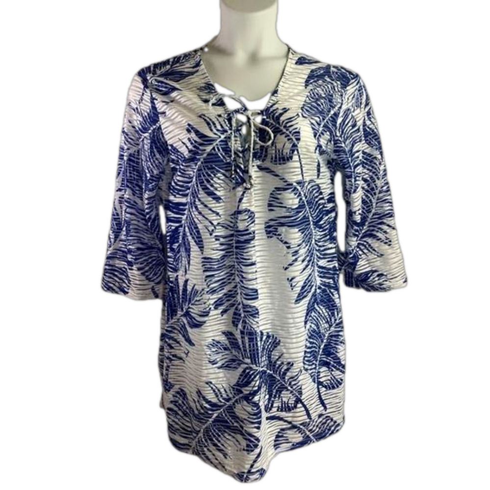 Portocruz Blue & White Tropical Print Lace-Up Coverup Swim Tunic SKU0521